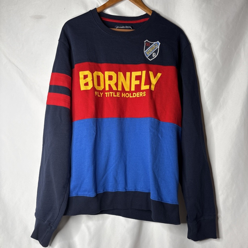 Vtg Y2K Born Fly Sweatshirt Mens 2XL‎ Blue Red Colorblock Crewneck Pullover
